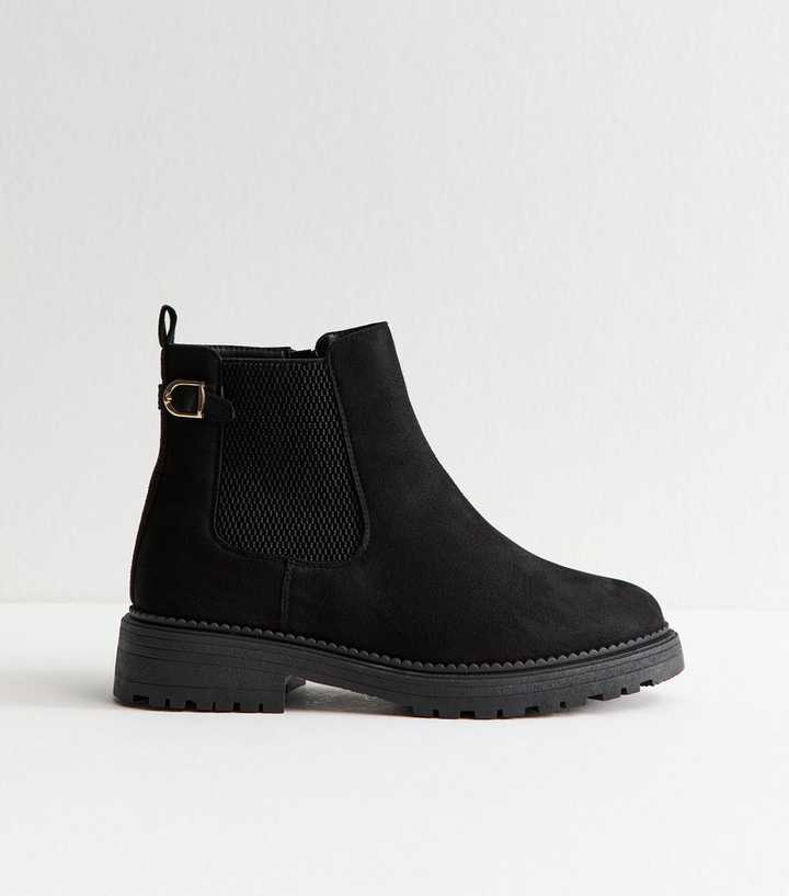 Wide Fit Black Faux Suede Chunky Chelsea Boots