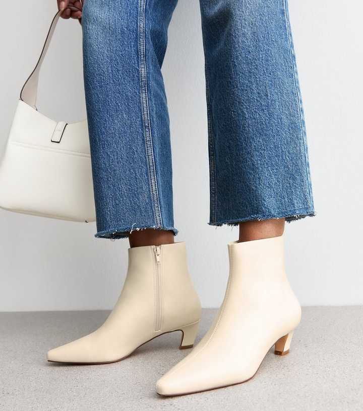 Off White Faux Leather Point Toe Ankle Boots
