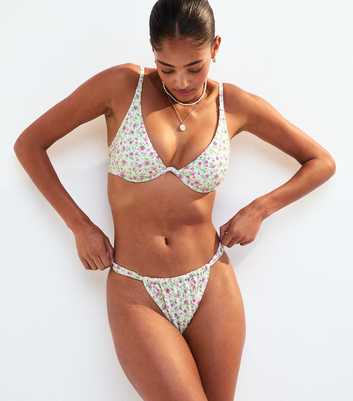 White Ditsy Print Tanga Bikini Bottoms