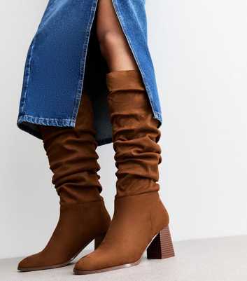Tan Faux Suede Ruched Knee High Boots