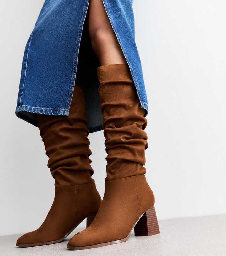 Tan Faux Suede Ruched Knee High Boots