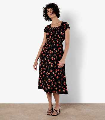 Apricot Black Rose Print Midi Dress