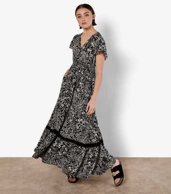 Apricot Black Paisley Print Contrast Trim Maxi Dress