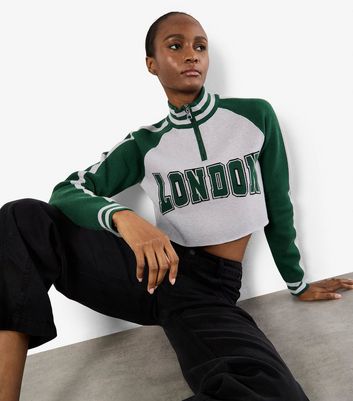 Apricot Green London Slogan Quarter Zip Cropped Jumper | New Look