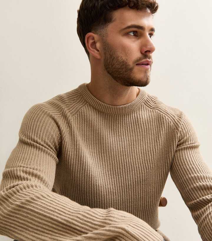 Jack & Jones Camel Rib Knit Crew Neck Jumper