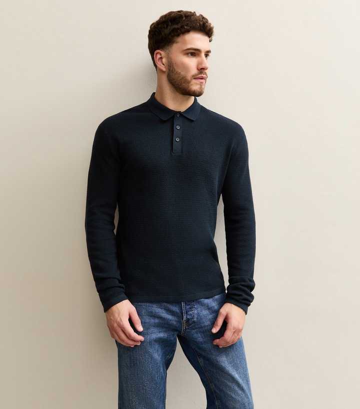 Jack & Jones Navy Regular Long Sleeve Polo Jumper