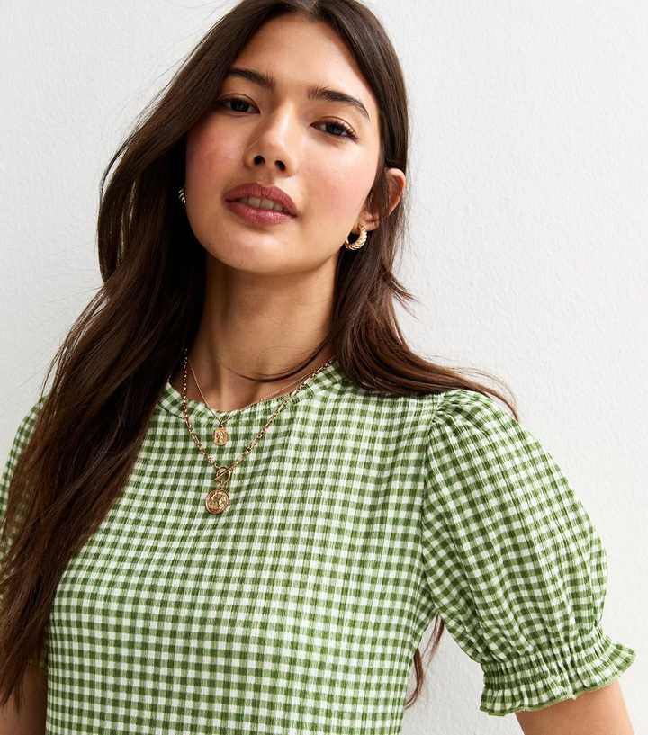 Green Gingham Check Puff Sleeve Dress | New Look