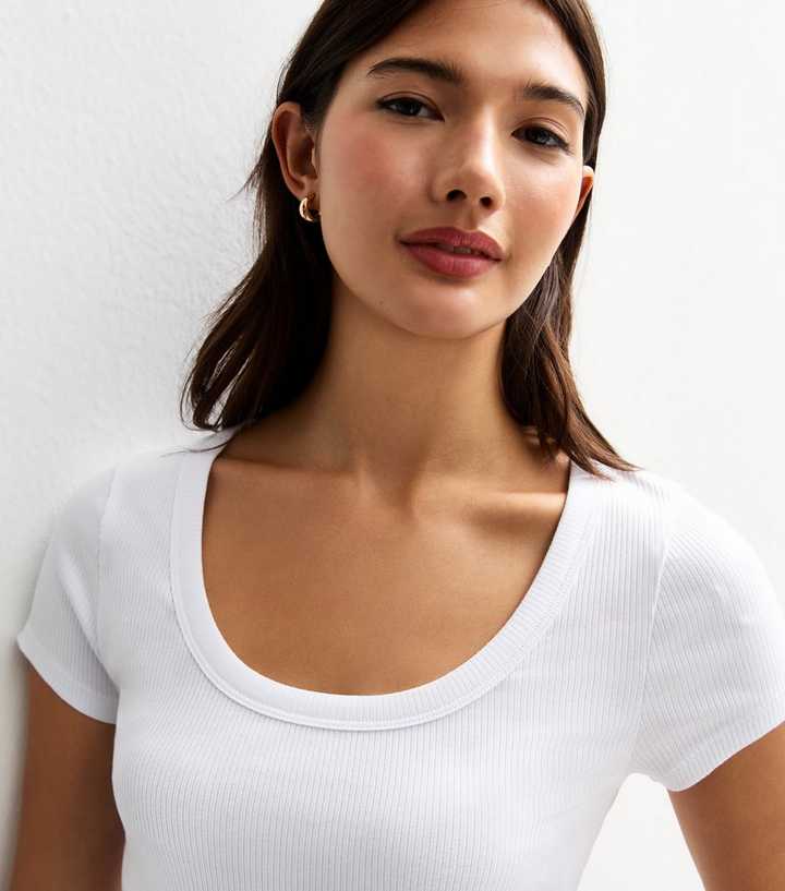 White Ribbed Scoop Neck T-Shirt
