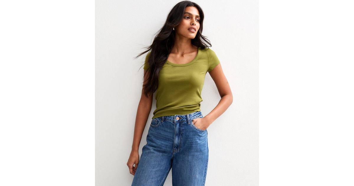 Green Ribbed Scoop Neck T-Shirt | New Look