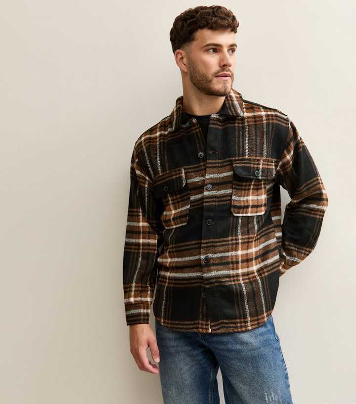Jack & Jones Black and Orange Check Long Sleeve Heavyweight Overshirt