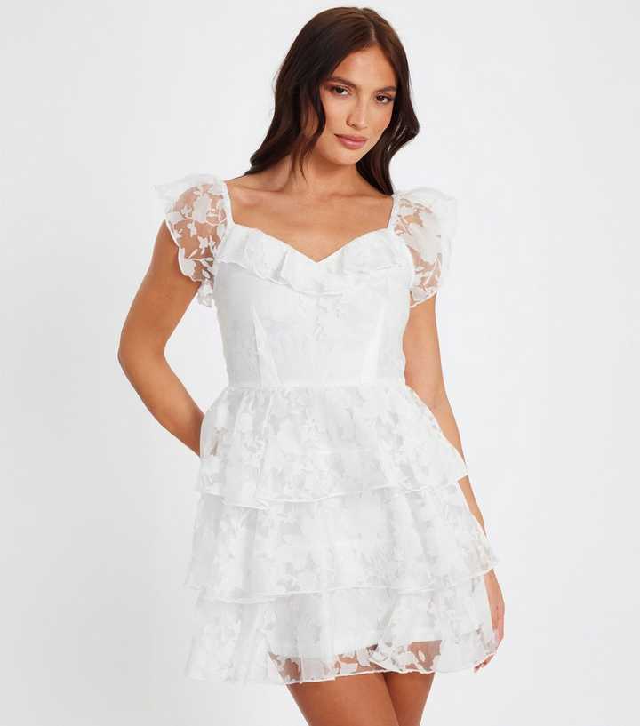 QUIZ White Chiffon Floral Skater Dress | New Look