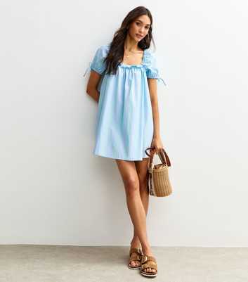 Blue Stripe Print Frill Trim Square Neck Poplin Mini Dress