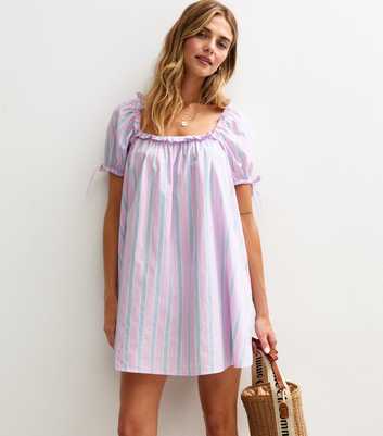 Pink Cotton Striped Frill Trim Square Neck Mini Dress