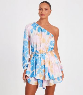 QUIZ Blue Floral Print One Shoulder Playsuit