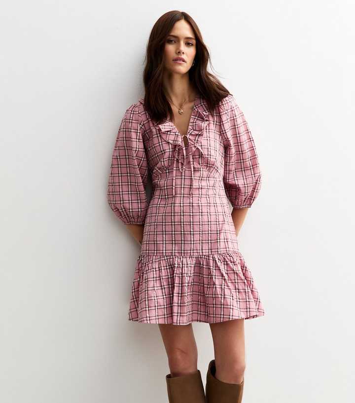 Pink Check Print Ruffle Collar Mini Dress