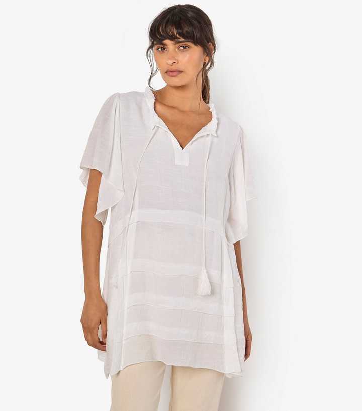 Apricot White Ruffle Neck Tassel Tunic Top