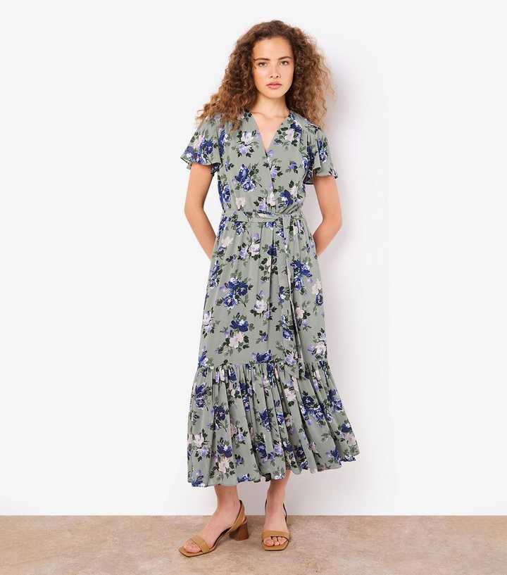 Apricot Mint Green Floral Print Wrap Midi Dress