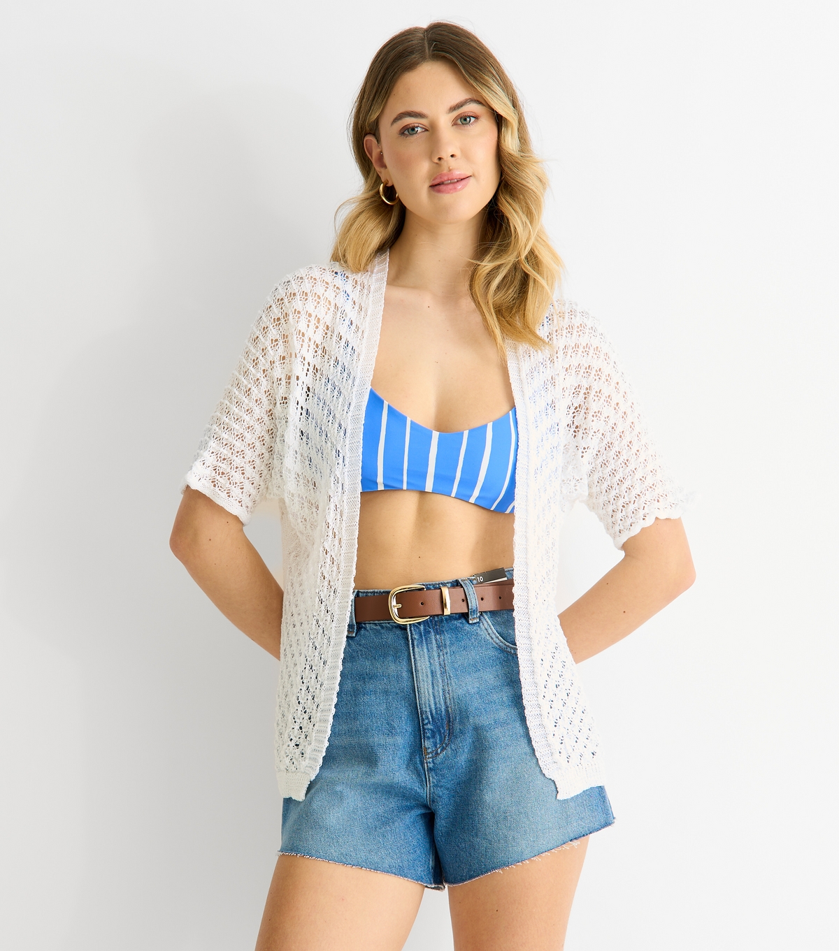 Women's White Short Sleeve Crochet Cardigan Gini London New Look
