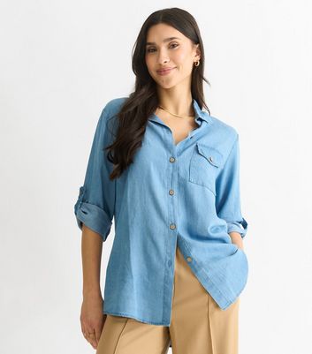 Gini London Blue Denim Look Rolled Up Sleeve Shirt