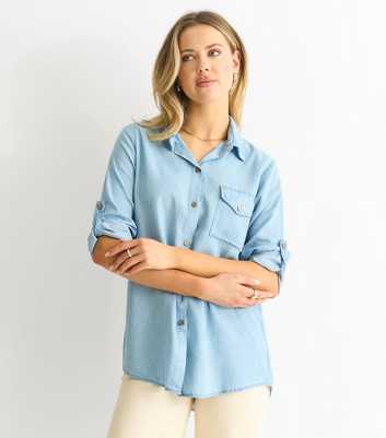 Gini London Light Blue Denim Look Rolled Up Sleeves Shirt