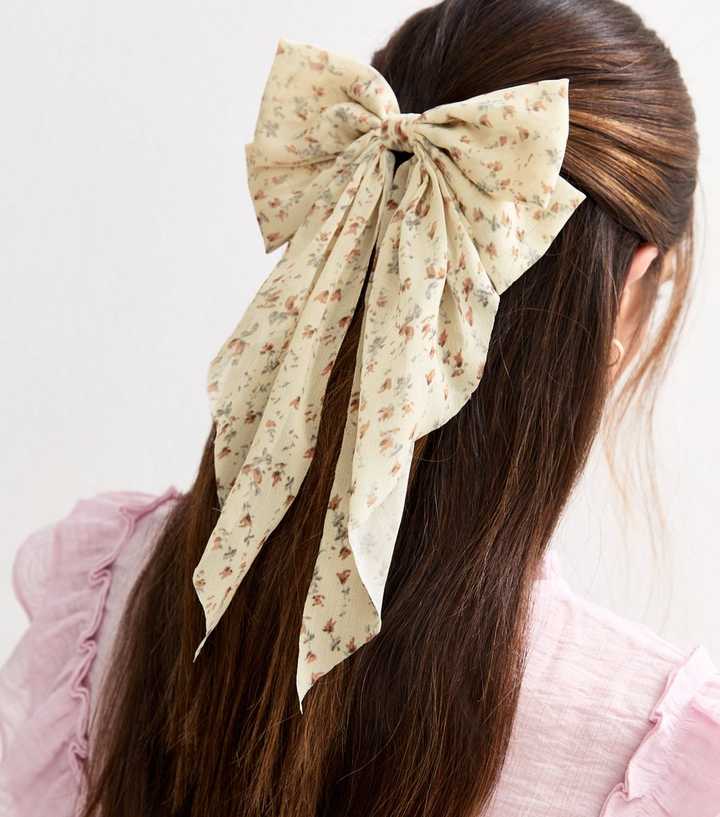 Cream Floral Print Chiffon Bow Hair Slide 