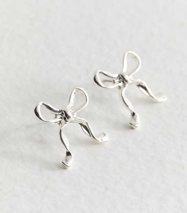 Silver Tone Bow Shape Large Stud Earrings