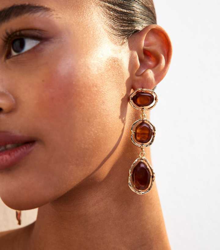 Gold Tone Brown Resin Stone Triple Drop Earrings