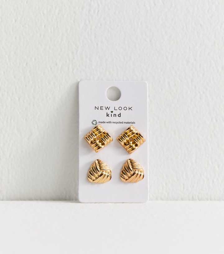 Gold Tone Pack of 2 Geometric Ribbed Stud Earrings