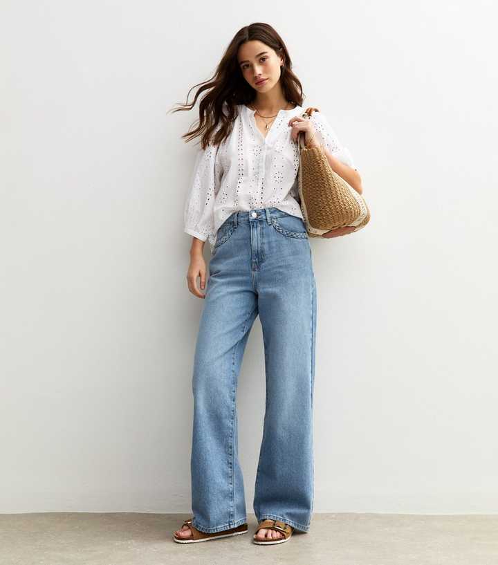 Blue Plait Trim Pocket Wide Leg Jeans