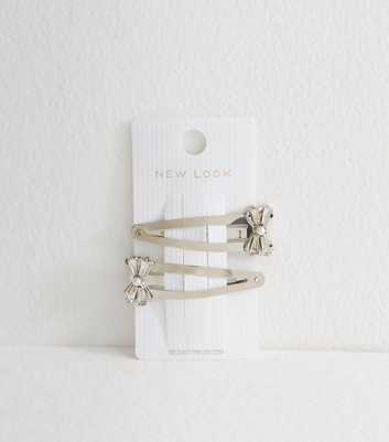 Pack of 2 Silver Metal Gem Embellished Bow Hair Slides