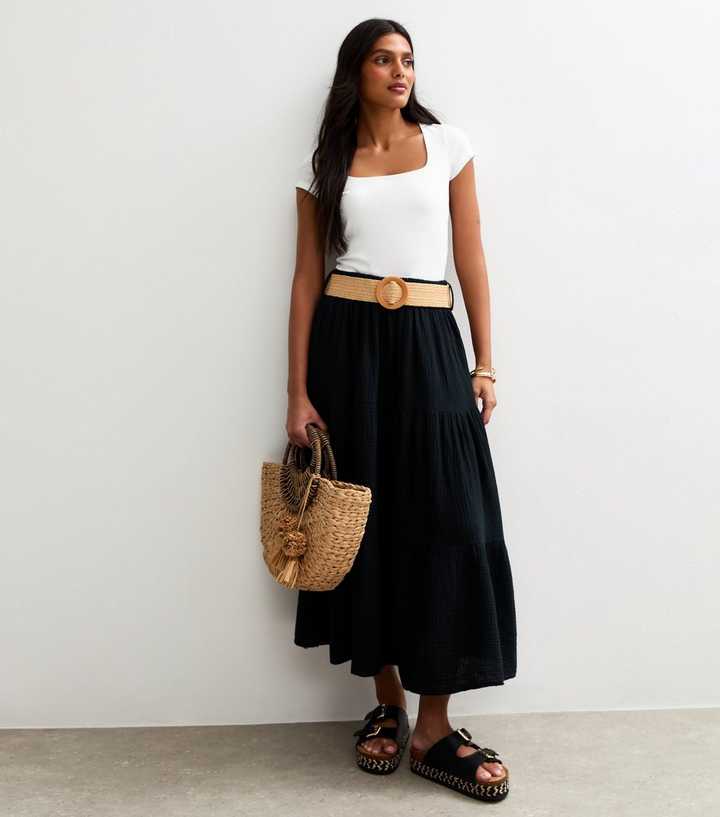 Gini London Black Belted Tiered Maxi Skirt