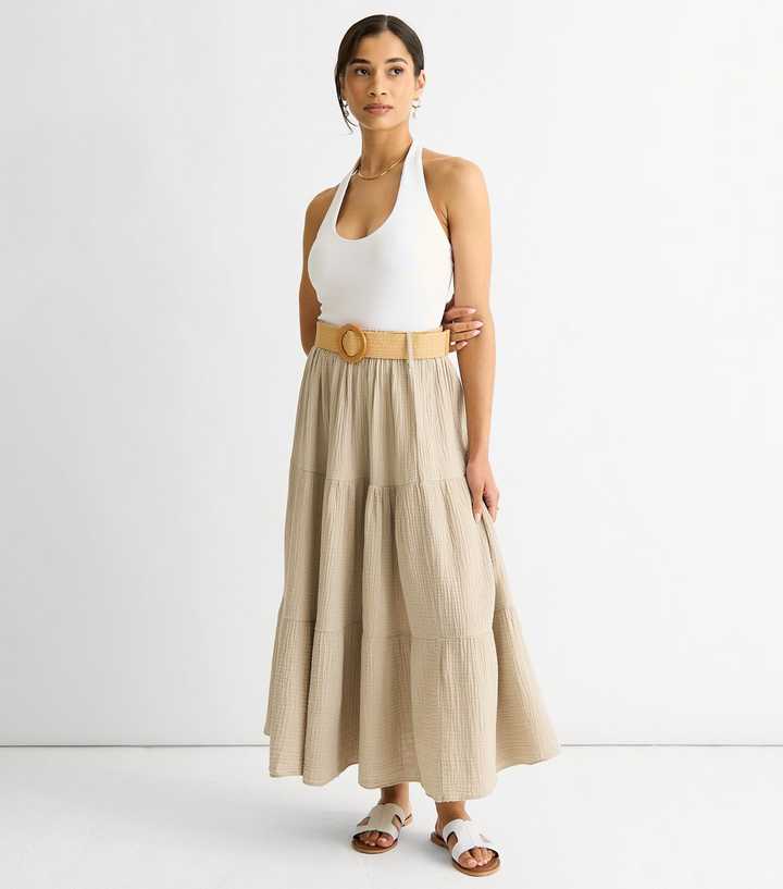 Gini London Beige Belted Tiered Maxi Skirt New Look