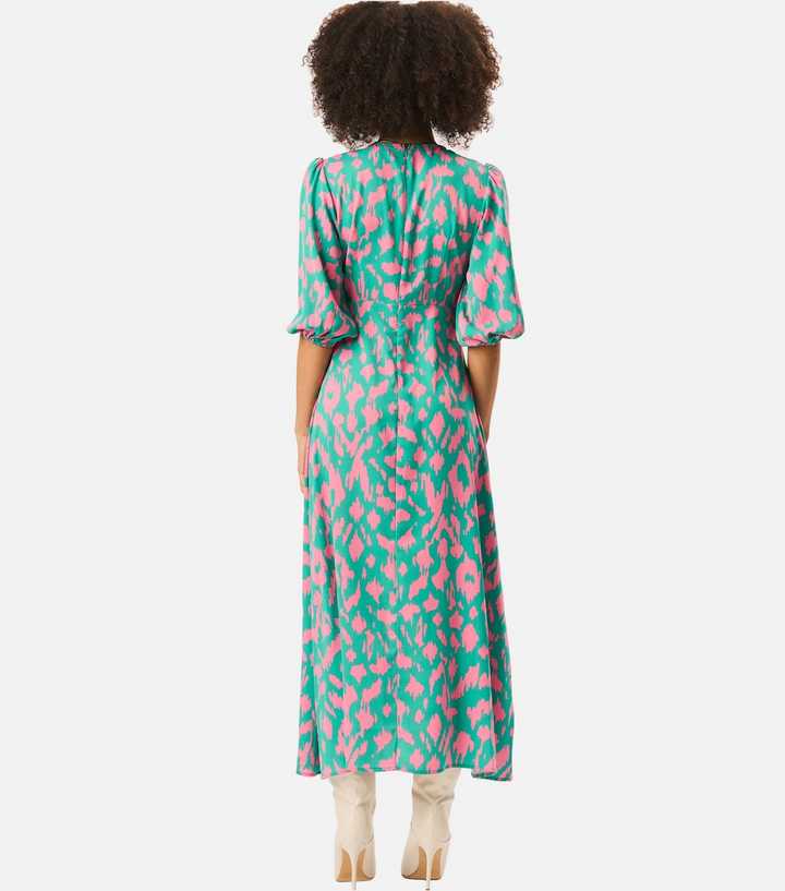 green and pink animal print dress New Look Leopard Green Ruffle Detail V Neck Long Sleeve Midi Dress nov25-trade-driver