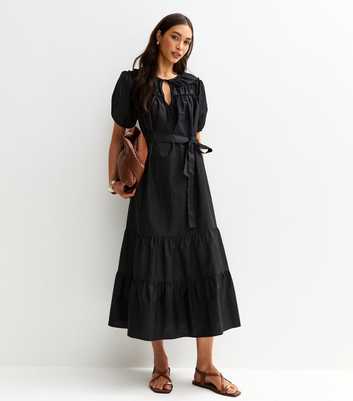 Black Oversized Tie Neck Poplin Midi Smock Dress