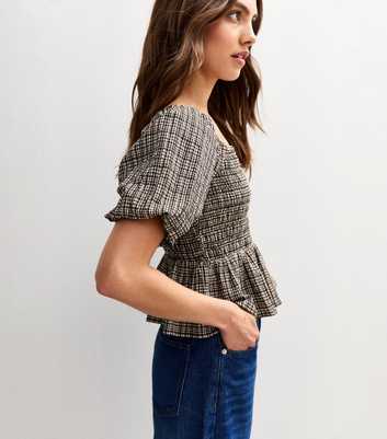 Black Checked Crinkled Shirred Peplum Top