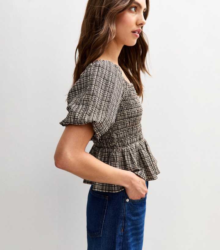 Black Checked Crinkled Shirred Peplum Top