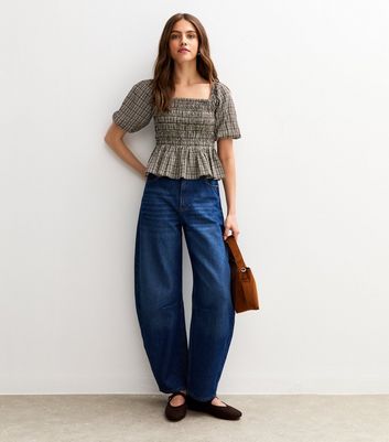 Black Checked Crinkled Shirred Peplum Top | New Look