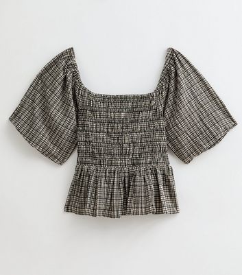 Black Checked Crinkled Shirred Peplum Top | New Look