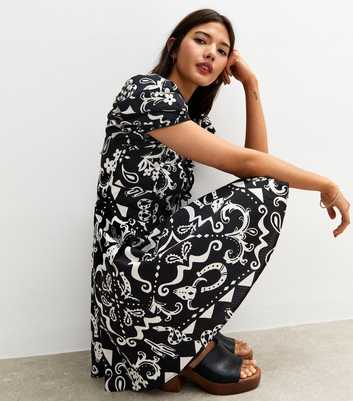 Black Abstract Print Puff Sleeve Mini Dress