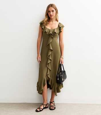 Khaki Ruffled Asymmetric Midi Dress