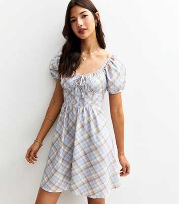 Blue Checked Puff Sleeve Mini Dress