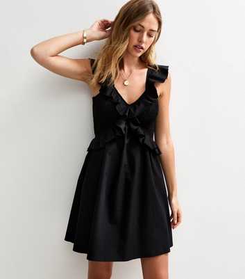 Black Ruffle Trim Shirred Mini Dress
