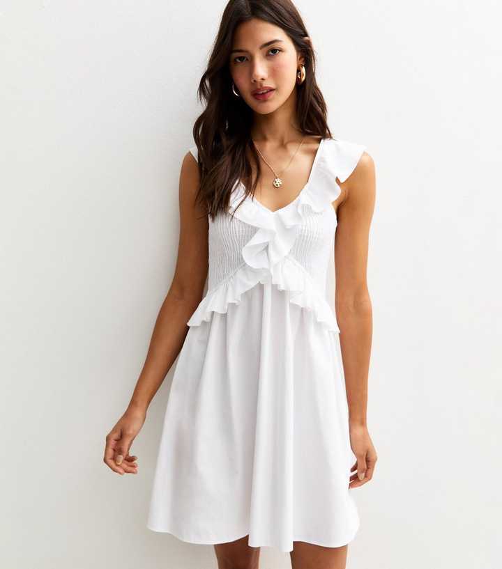 White Ruffle Trim Shirred Mini Dress
