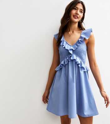 Blue V-Neck Ruffle Trim Shirred Bust Mini Dress