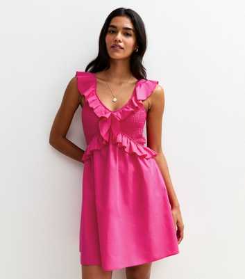 Bright Pink Striped Print Ruffle Trim Shirred Mini Dress
