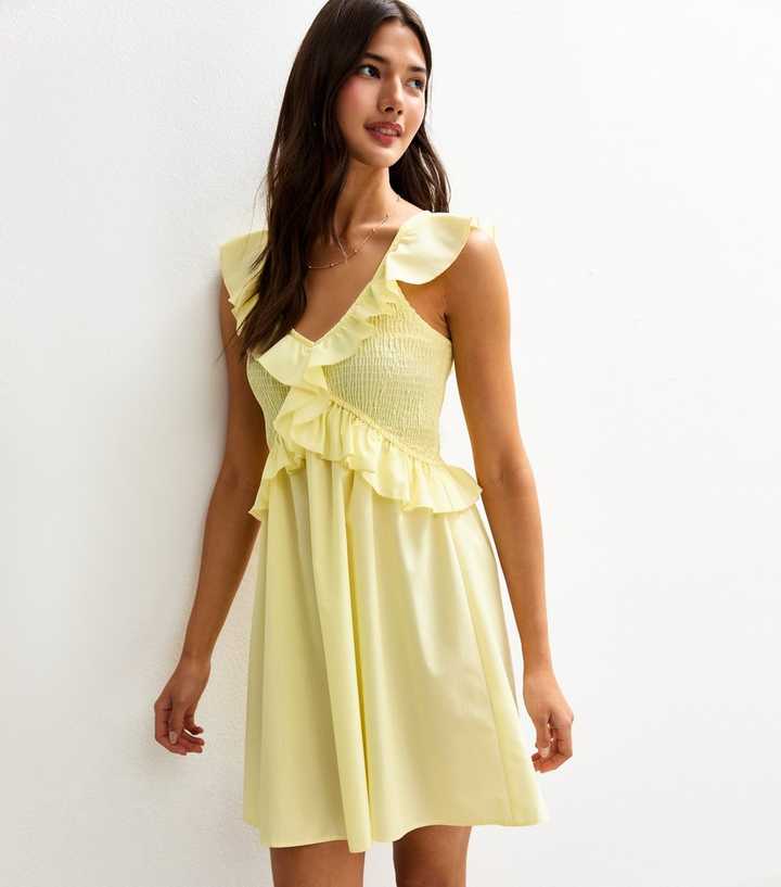 Light Yellow Striped Print Ruffle Trim Shirred Mini Dress