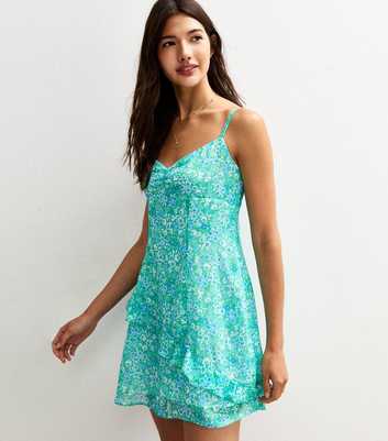 Green Daisy Print Chiffon Floral Print Mini Dress