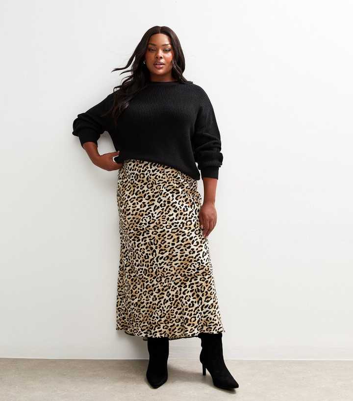 Brown Leopard Print Midi Skirt