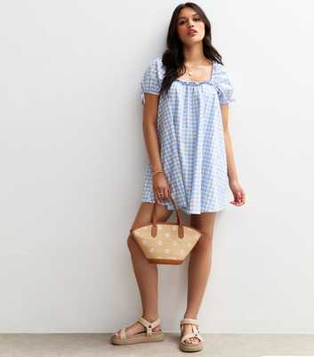 Blue Gingham Puff Sleeve Mini Dress