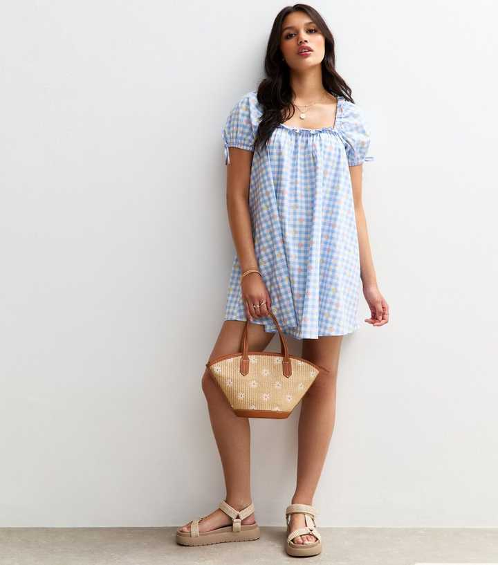 Blue Gingham Puff Sleeve Mini Dress